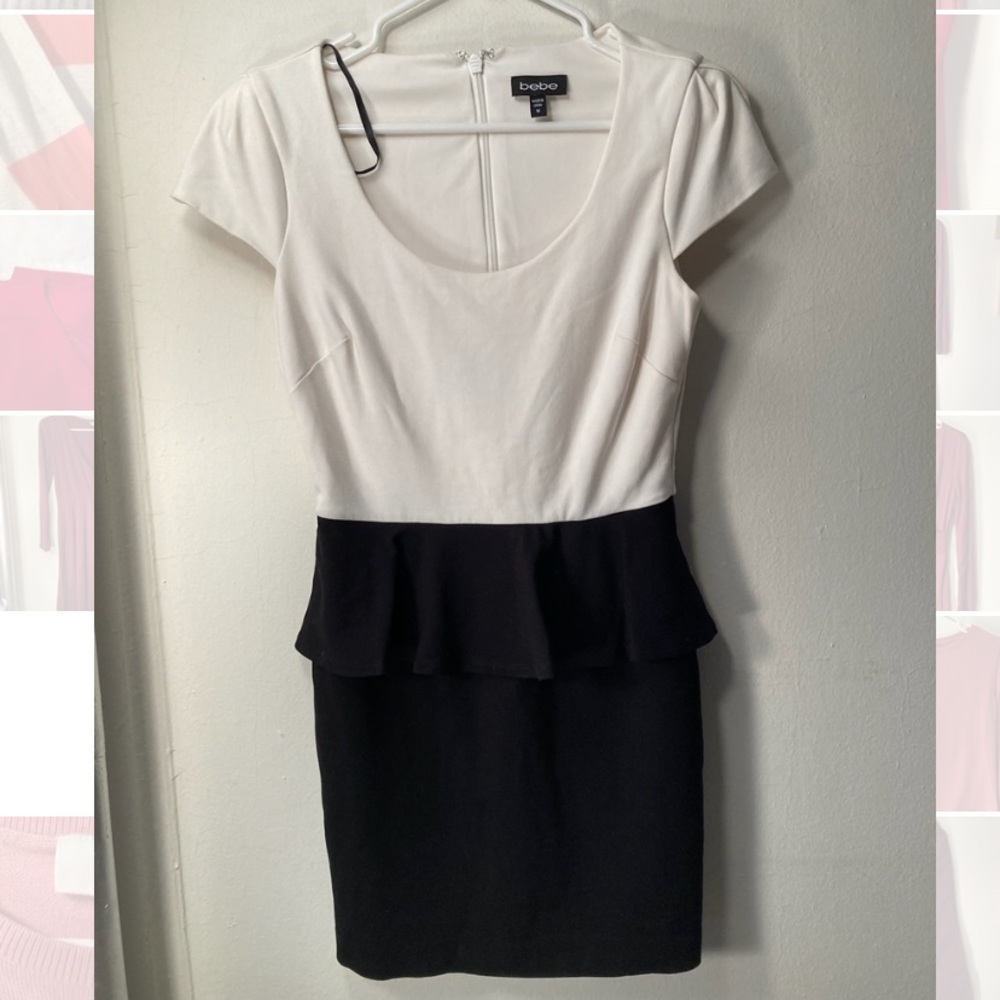 Bebe mini dress with white scoop top, bodycon skirt and peplum detail